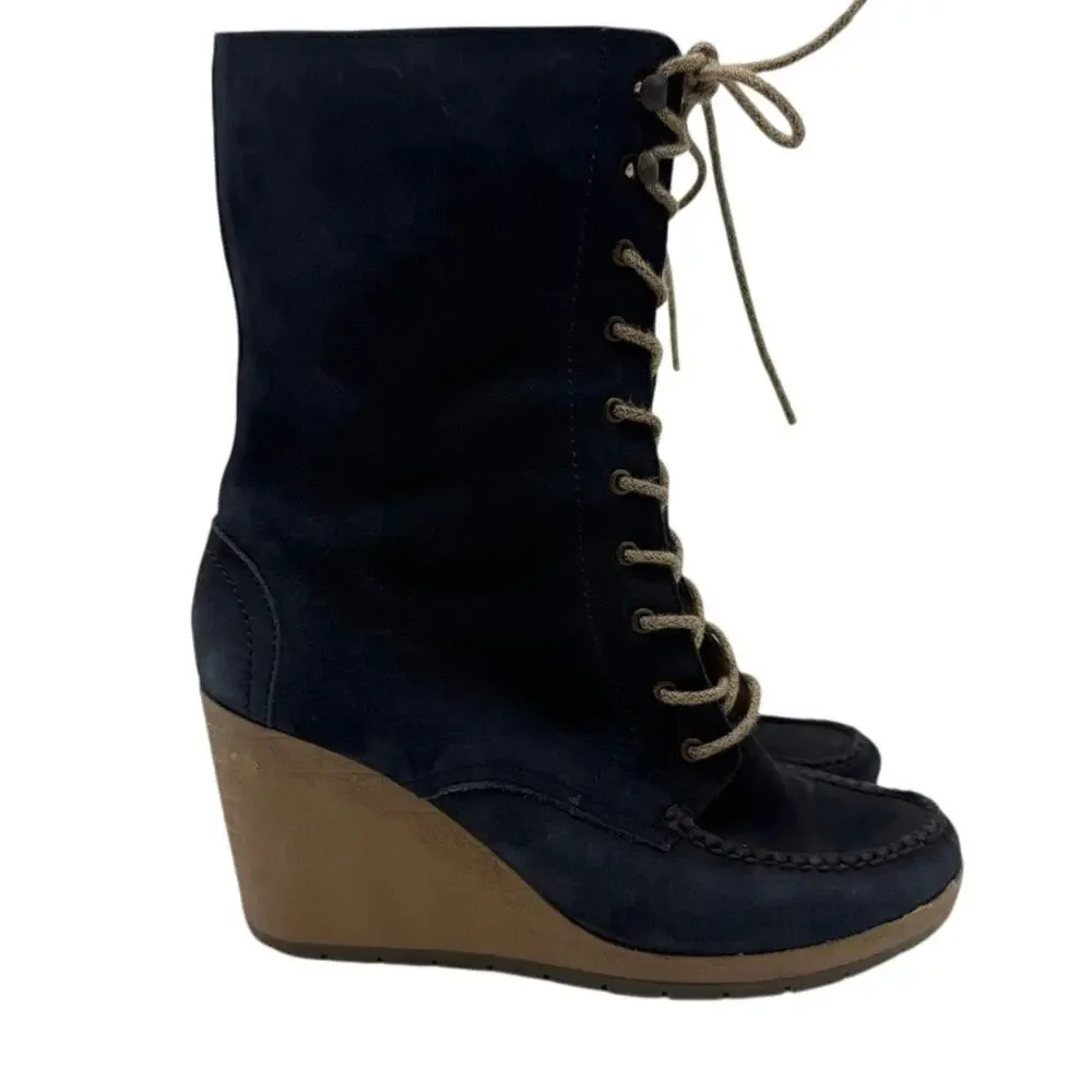 Julio de Mucha Navy Nubuck Lace-Up Wedge Boots Side Zip EU36 US5.5–6